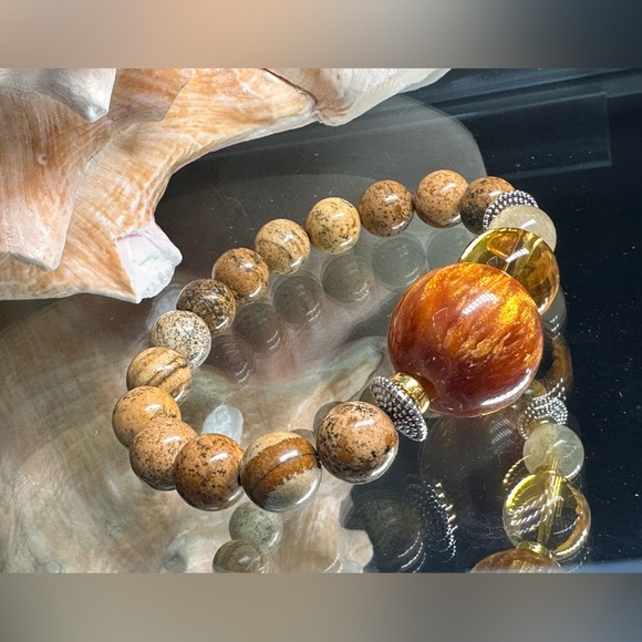 PICTURE JASPER + CITRINE + WILLOW SEA CORAL  NATURAL STONE BRACELET size 7” - Picture 3 of 13